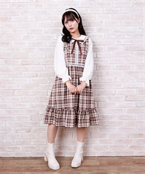 Check frilled collar Dress(Brown-F)