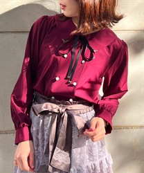 Double button with ribbon Blouse(Wine-F)