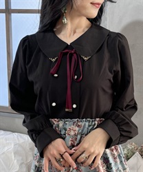 Double button with ribbon Blouse(Black-F)
