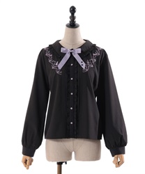 Cat silhouette embroidery Blouse(Black-F)