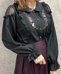 Cat embroidery Yorkflill Blouse(Black-F)