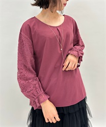 Sleeve lace with necklace Pullover(Pink-F)