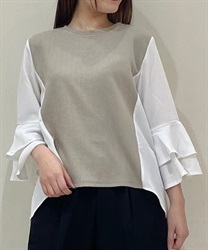 Different material switching sleeve frill Pullover(Beige-F)