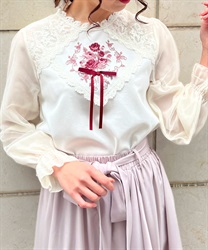 Rose embroidery Pullover with ribbon