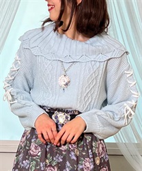 Sleeve lace up knit Pullover(Saxe blue-F)
