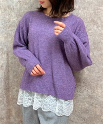 Hem lace fluffy knit Pullover(Purple-F)