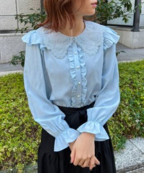 Flower embroidery collar Blouse(Saxe blue-F)