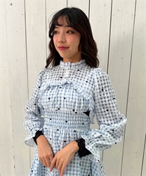 Heart dot embroidery gingham Blouse(Saxe blue-F)