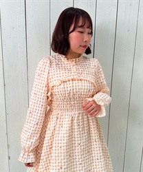 Heart dot embroidery gingham Blouse(Beige-F)