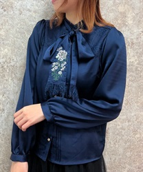 Flower embroidery ribbon satin Blouse(Navy-F)