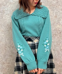 Flower embroidery knit Pullover(Green-F)