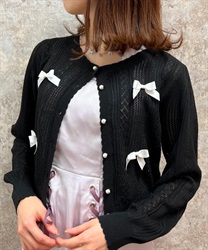 Openwork knit Cardigan with ribbon(Black-F)