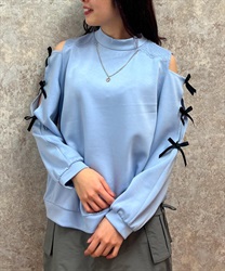 Shoulder Aki Ribbon Design Pullover(Saxe blue-F)