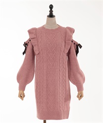 Shoulder Aki Flylnit Mini Dress(Pink-F)