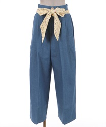 Denim wide Pants with floral ribbon(Wash-F)