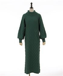 Lattice knitting pattern long knit Dress(Green-F)
