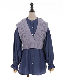 Shirt tunic wtih knit vest(Blue-F)