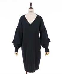 Frill sleeve knit tunic Dress(Navy-F)