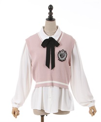 With Childen Knit Vest Blouse(Pink-F)