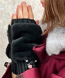 Knit with bijoux x fur gloves(Black-F)
