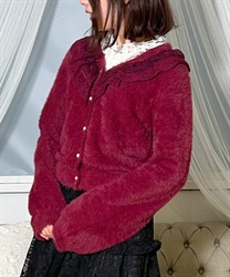 Lace collar feather knit Cardigan(Wine-F)