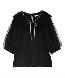 Puff sleeves pullover with lace collar(Black-Free)