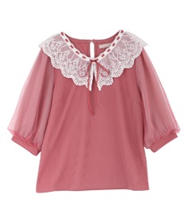 Puff sleeves pullover with lace collar(Pink-Free)