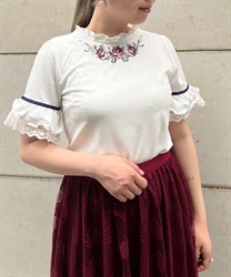 Rose embroidery rib  Tops(White-F)