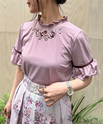 Rose embroidery rib  Tops(Pink-F)
