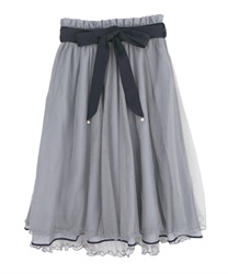 Ribbon tulle skirt with pearls(Grey-Free)