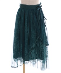 Lace×tulle irregular skirt(Green-Free)