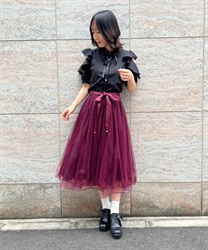 Lace with ribbon x tulle Skirt(Wine-F)
