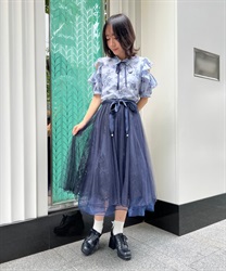 Lace with ribbon x tulle Skirt(Navy-F)