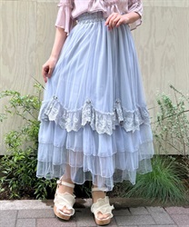 Drape tulle Skirt with rose(Saxe blue-F)
