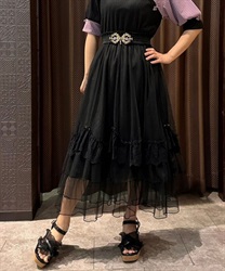 Drape tulle Skirt with rose(Black-F)
