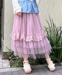 Drape tulle Skirt with rose(Pink-F)