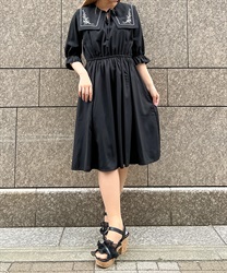 Embroidery sailor collar Dress(Black-F)