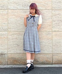Double button check short sleeve Dress(Navy-F)