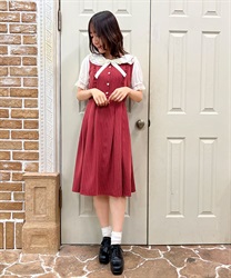 Frill big collar short sleeve Dress(Red-F)