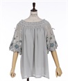 Sleeve embroidery shirring Blouse(Grey-F)
