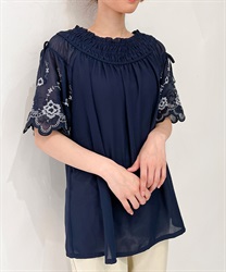 Sleeve embroidery shirring Blouse