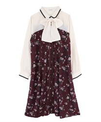 【Time Sale】A line flower pattern dress with biset(Wine-Free)