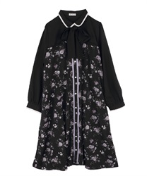 A line flower pattern dress with biset(Black-Free)