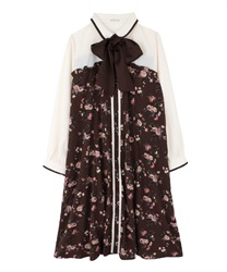 A line flower pattern dress with biset(Dark brown-Free)