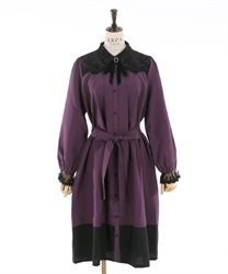 【Time Sale】Bicolor dress with brooch(Purple-Free)