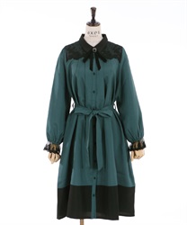 【Time Sale】Bicolor dress with brooch(Blue green-Free)