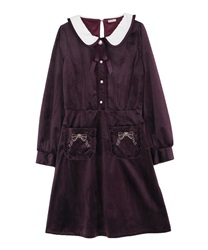 Velor dress with ribbon embroidery on pocket(Wine-Free)
