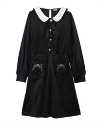 Velor dress with ribbon embroidery on pocket(Black-Free)