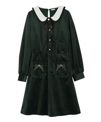 Velor dress with ribbon embroidery on pocket(Dark green-Free)