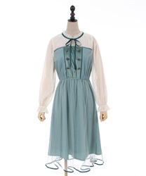 Rench button design tulle Dress(Green-F)